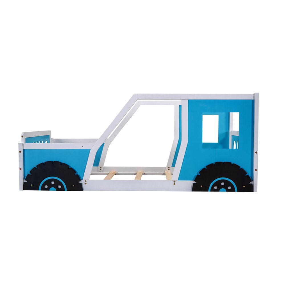 Hassch Twin Size Platform Bed Classic Car-Shaped Wooden Bed Frame with Wheels for Bedroom Playroom, Blue