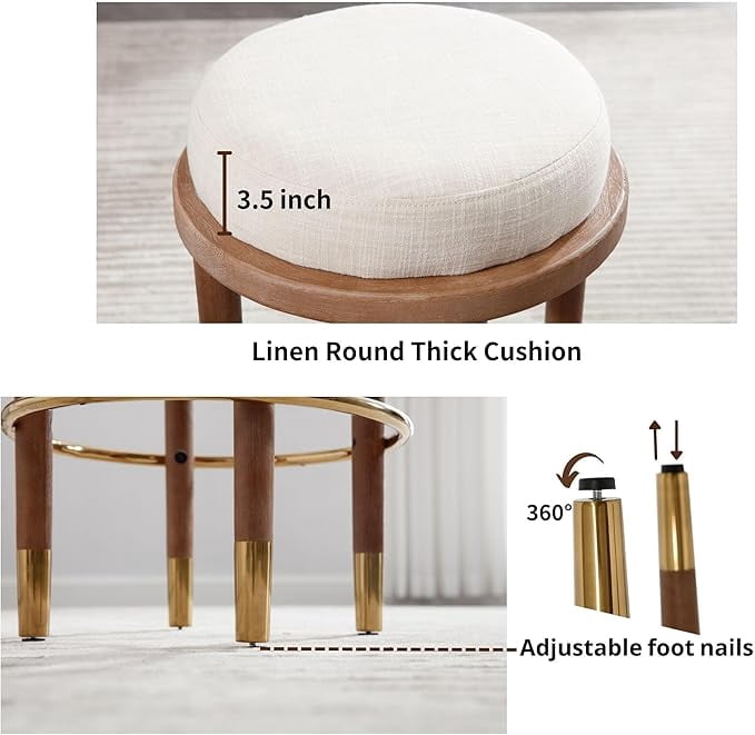 Guyou 26" Backless Counter Height Bar Stool Set of 2, Modern Round Linen Upholstered Stools, Farmhouse Wooden Kitchen Island Chairs for Restaurant Kitchen Bistro, Beige