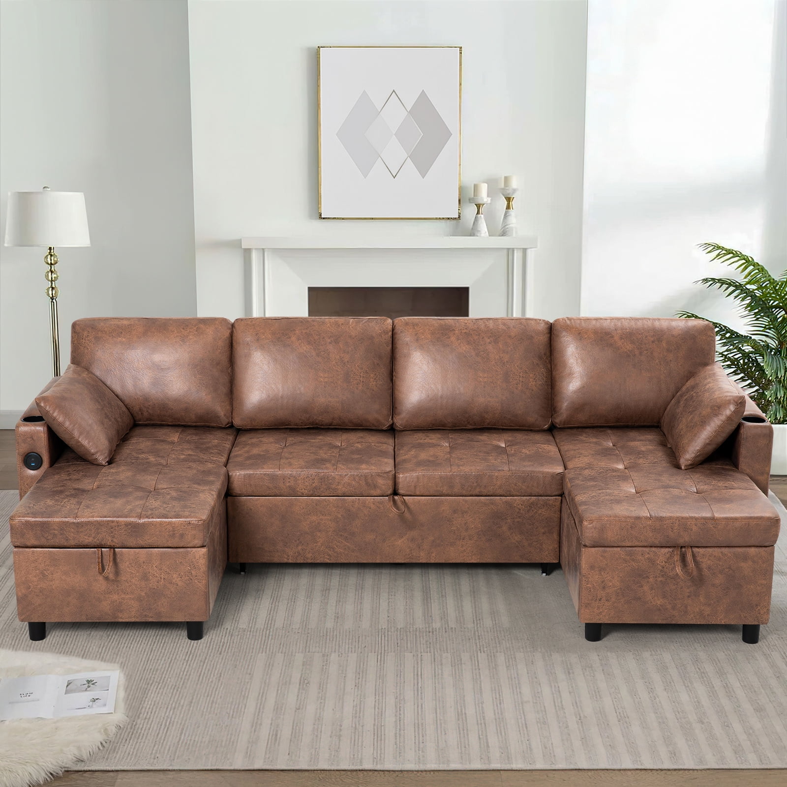 ACMEASE 108" Suede Leather Sectional Sofa w/Adjustable Backrests, Pull Out Sofa Bed w/USB Charger Port& Reversible Storage Chaise,Convertible U-Shaped Sofa with Cup Holders for Living Room,Brown