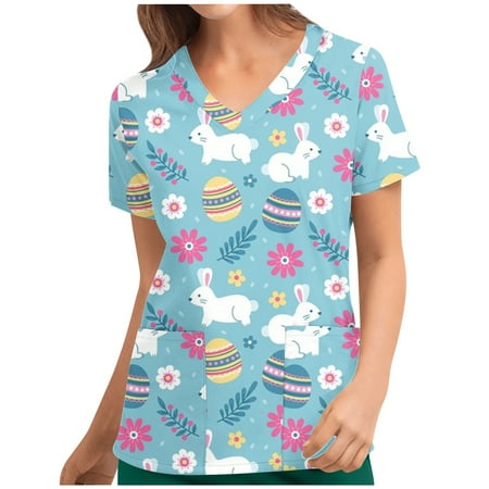 

Midsumdr Womens Blouses Easter Funny Rabbit Egg Chick Animal Print Scrub Shirt Tops Short Sleeve V Neck Plus Size Pocket Working Uniform Shirts for Women