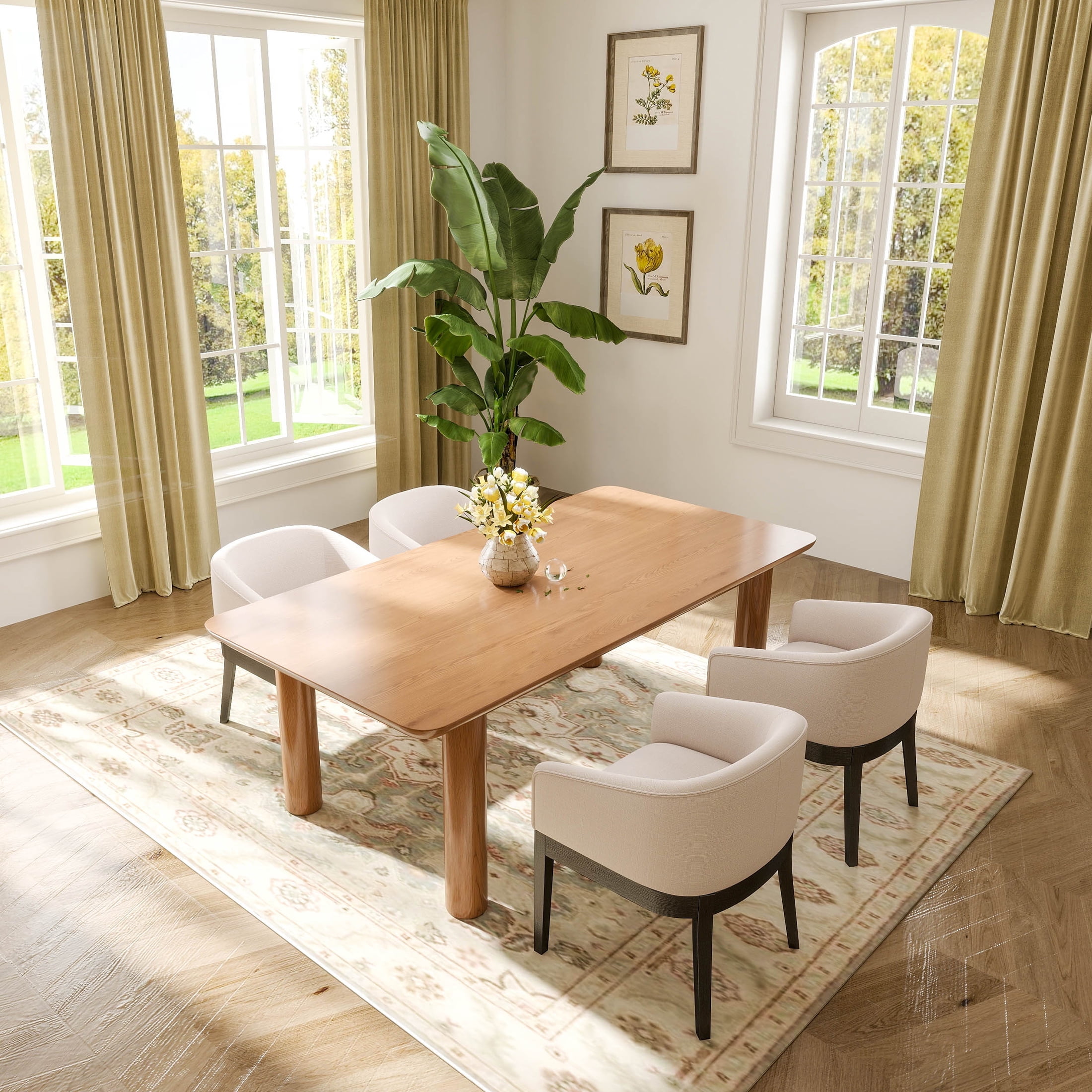 Guyou Modern Upholstered Dining Chairs Set of 4, Farmhouse Linen Kitchen & Dining Room Chairs with Armrests, 18" W Wooden Barrel Accent Chair Armchair for Dining Room Living Room Bedroom, Cream