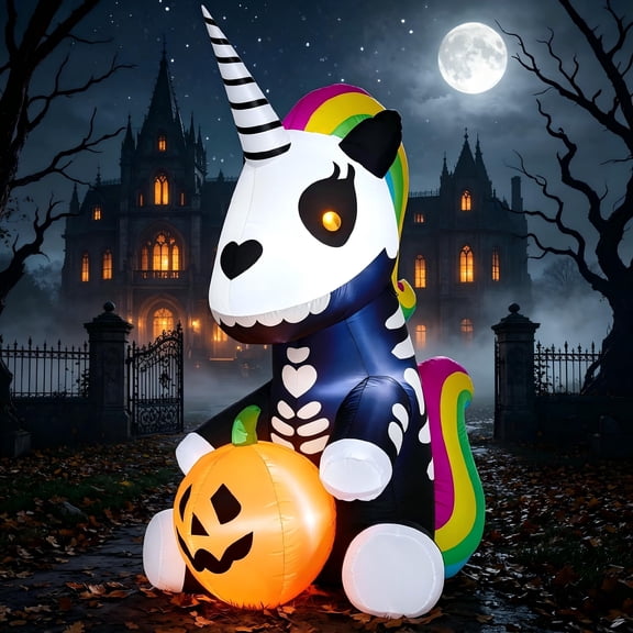 Joyfy 5 ft Halloween Inflatable Sitting Skeleton Unicorn with Build-in LEDs,Halloween Blow up Yard Decorations Outdoor Decorations
