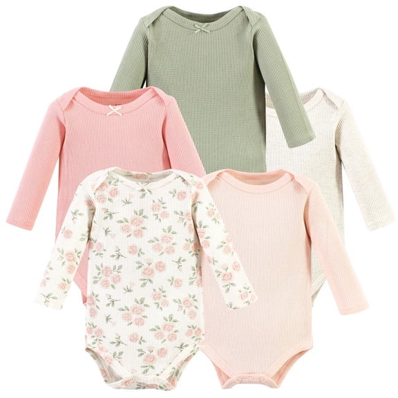 Hudson Baby Infant Girl Thermal Long Sleeve Bodysuits, Soft Pink Sage Rose, Newborn