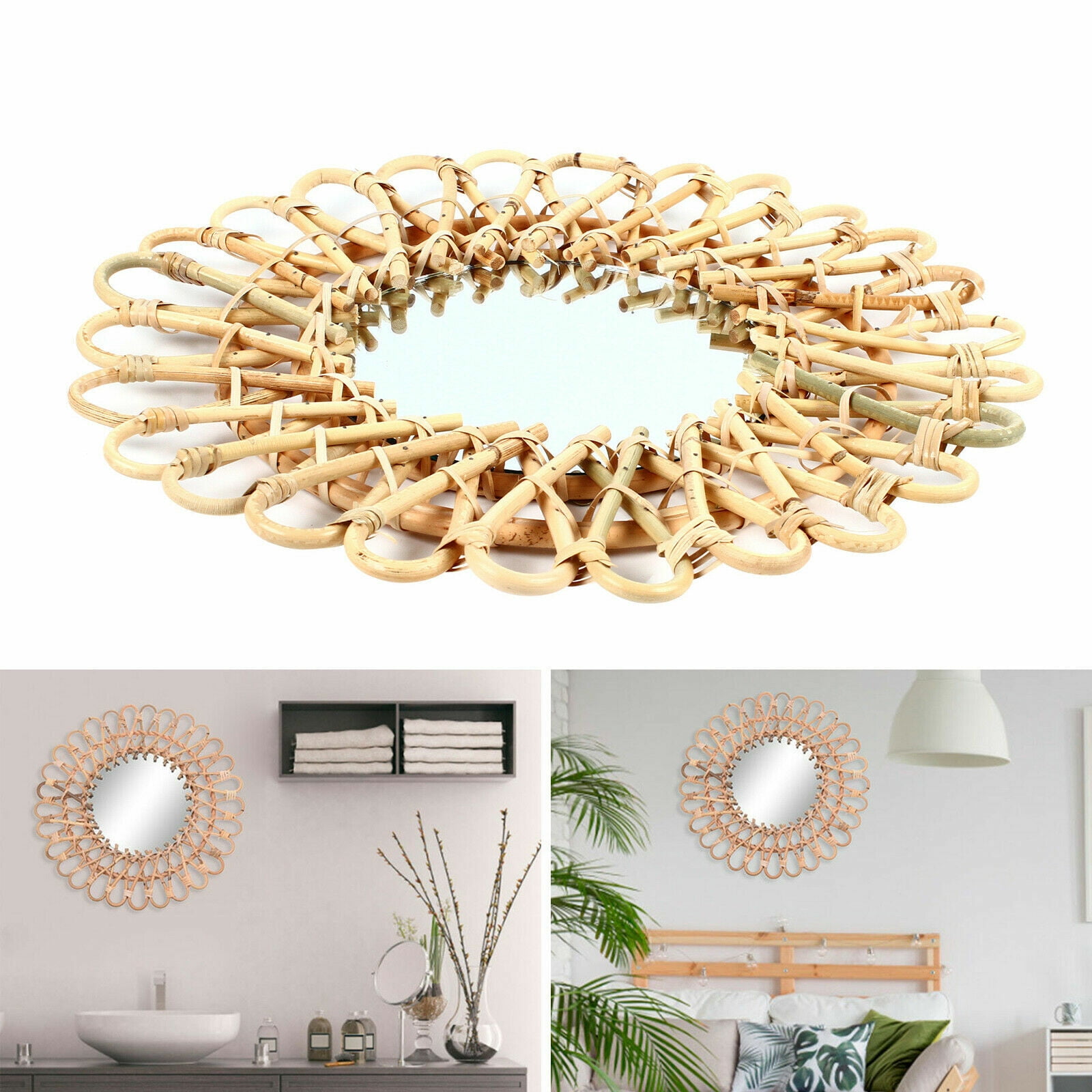 Rattan WallMounted Mirror Durable Rattan Sunflower Round Wall Mirror