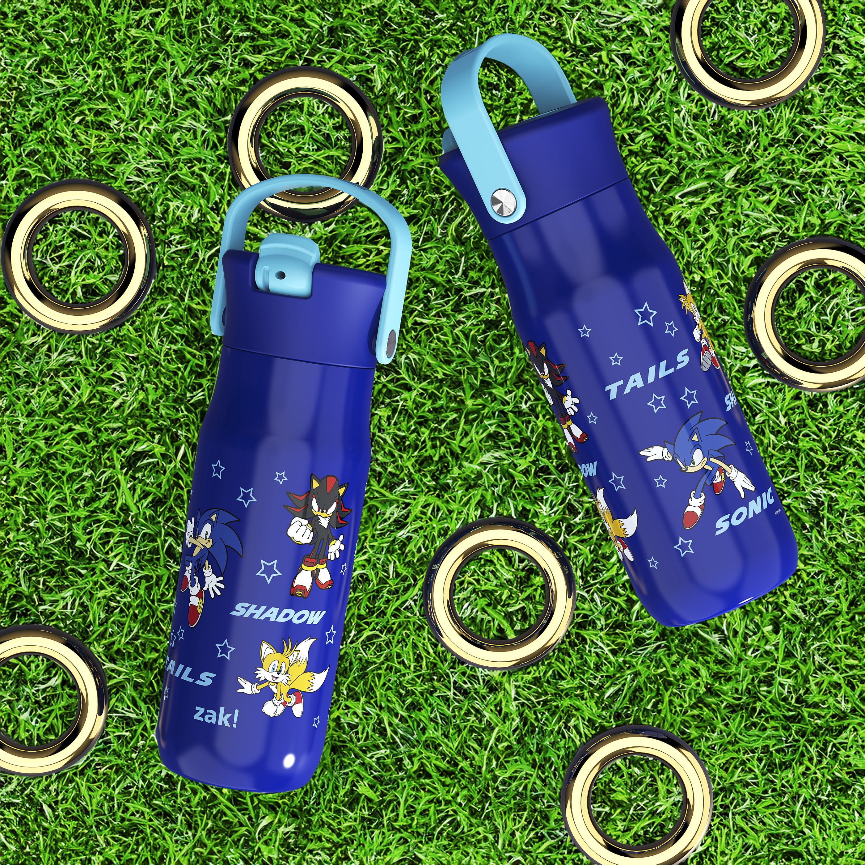 Zak Designs 20oz Harmony Modern Sonic Water Bottle for Travel or At Home, Stainless Steel is Leak-Proof When Closed and Vacuum Insulated with Straw Lid and Carry Handle (Sonic the Hedgehog)