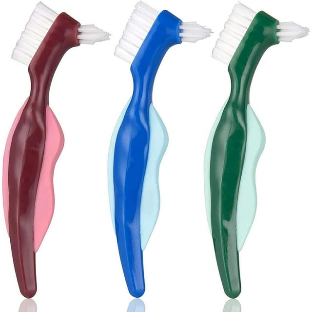 PearMist Rigid denture brush Denture toothbrush cleaning brush, 3 portable denture double-sided medium multi-layer bristles per package for cleaning dentures (rose red, green, blue