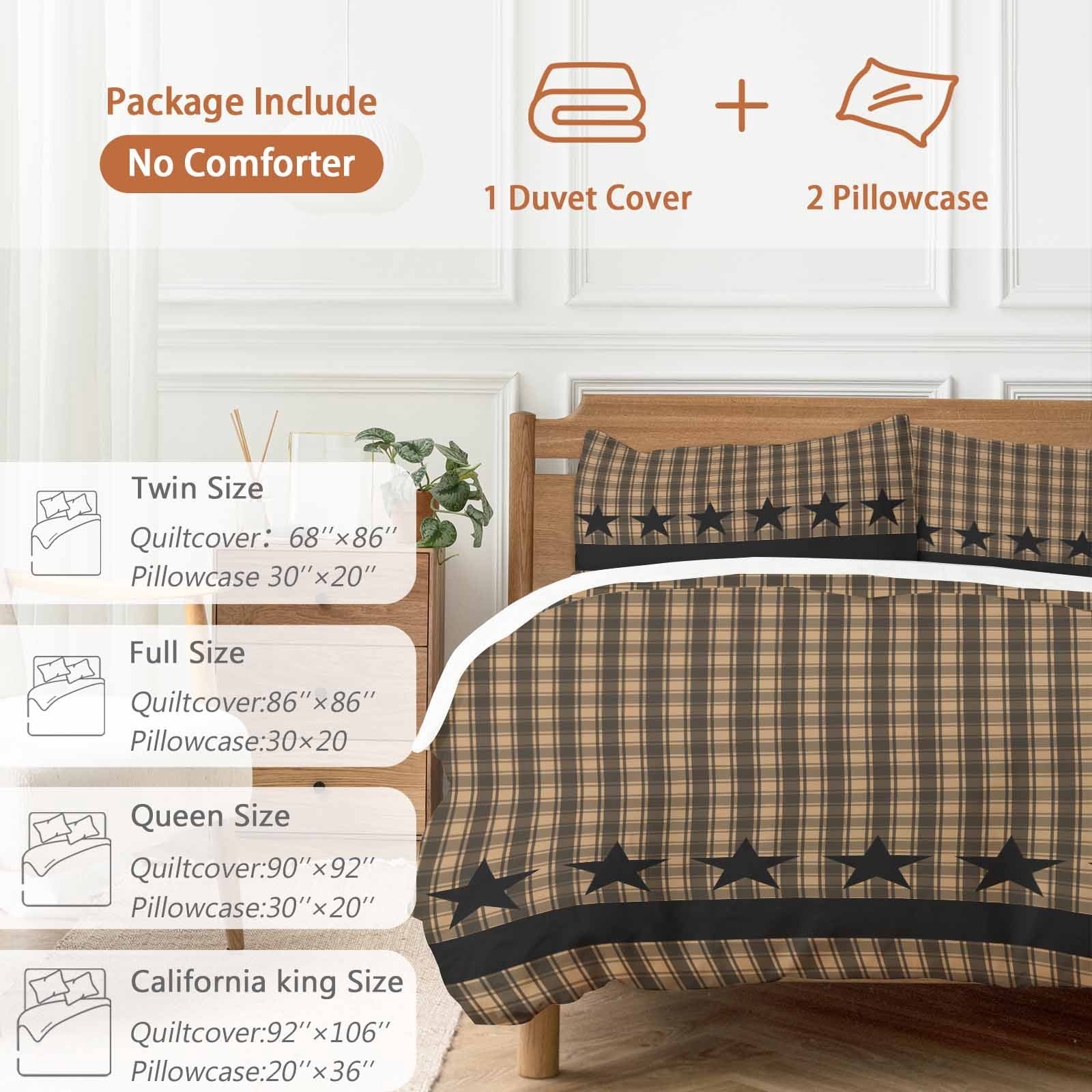 Brown Black Plaid Bedding 3 Piece Duvet Cover Set Twin Size, Vintage Rustic Star Buffalo Check Soft Microfiber Comforter Cover with Zipper Closure & Pillowcases, Wrinkle & FadeResistant Quilt Cover