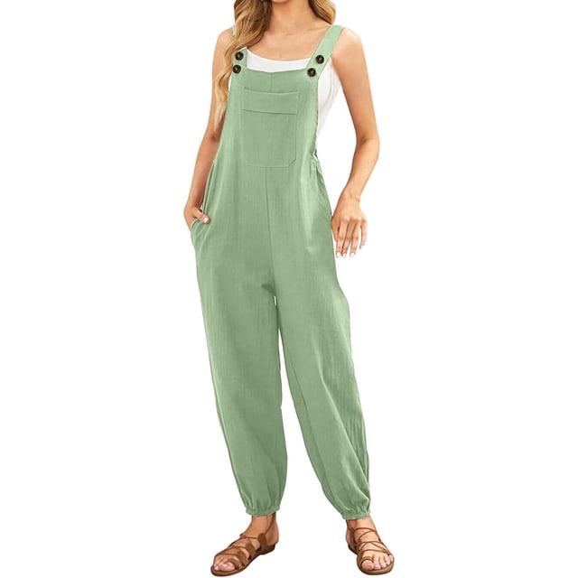 Overol sin mangas para mujer, estilo casual, de verano, pierna ancha, pantalones bottons, manga larga, con botones Verde (Mint Green) G Verde (Mint Green) G Xishao ropa