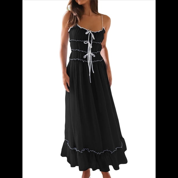 Vestido de Verano 2025 para Mujer, Informal, Sin Mangas, con Tirantes Finos, Ribete de RIC, Fruncido, con Volantes, . Negro XL
