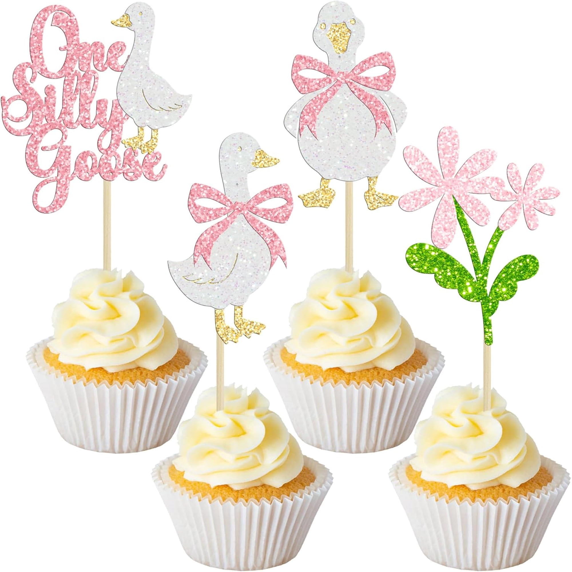 12pcs One Silly Goose Cupcake Toppers Pink Glitter Goose & Flower Cupcake Picks for Girls 1st Birthday Party Supplies