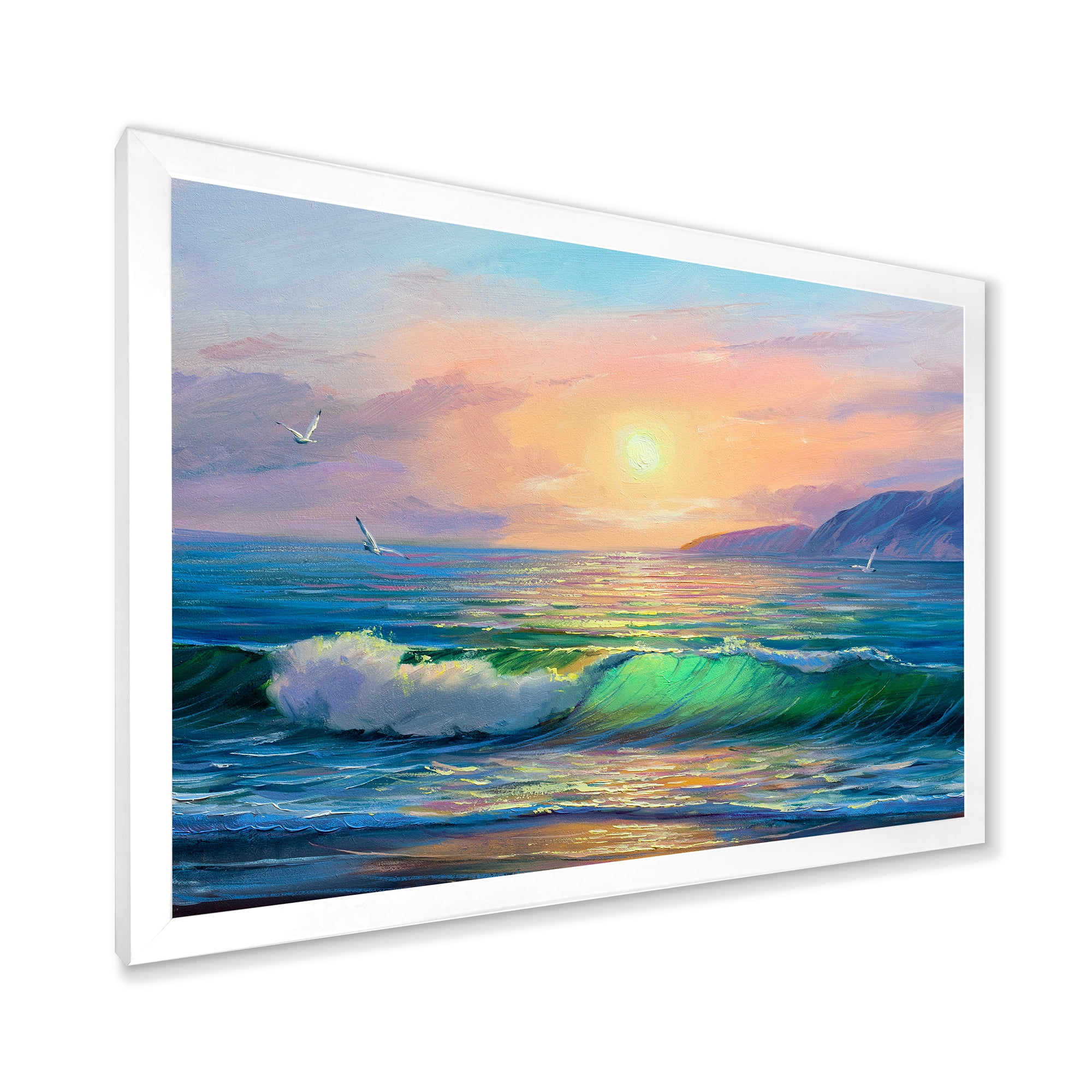 Designart 'Blue Waves Breaking At The Beach Landscape V' Nautical & Coastal Framed Art Print