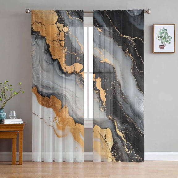 Black Golden Semi Sheer Curtains 72 Inch Length 2 Panels Set, Marble Aesthetics Modern Ink Painted Sheer Kitchen Curtain Privacy Voile Window Curtain for Living Room Bedroom Rod Pocket Drapes
