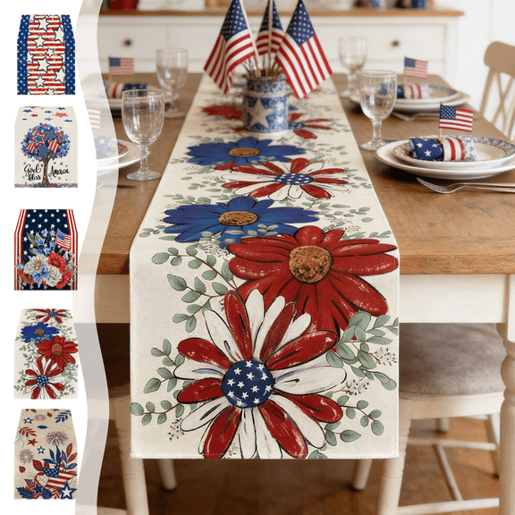 CuiLiyq 4th of July Table Runner, Patriotic USA Stars Floral Table Runner for Memorial Day, Party Supplies Indoor Outdoor Home, 72" x 13"