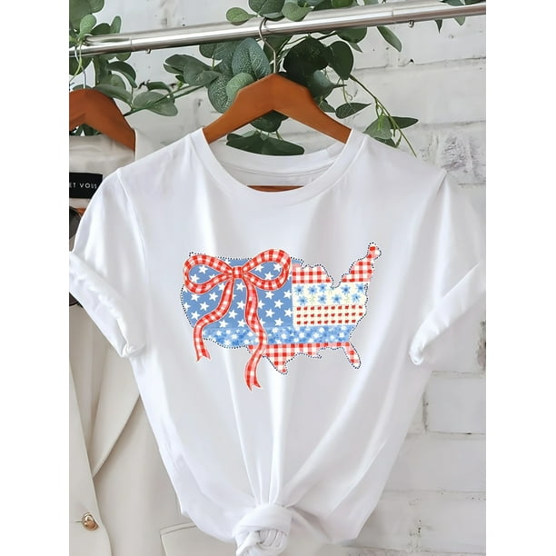 Women's 4th of July Patriotism T-Shirt - Red/Blue American Flag, Lightweight Crew Neck Casual Top for Independence Day, Daily and Themed Events - Machine Washable Summer Clothing