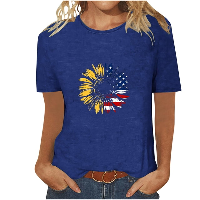 Tops Cortos para Mujeres Día de la Independencia Patriótica Impreso Cuello Redondo, Camiseta de Manga Corta Casual para la Primavera, Verano Y Fiesta