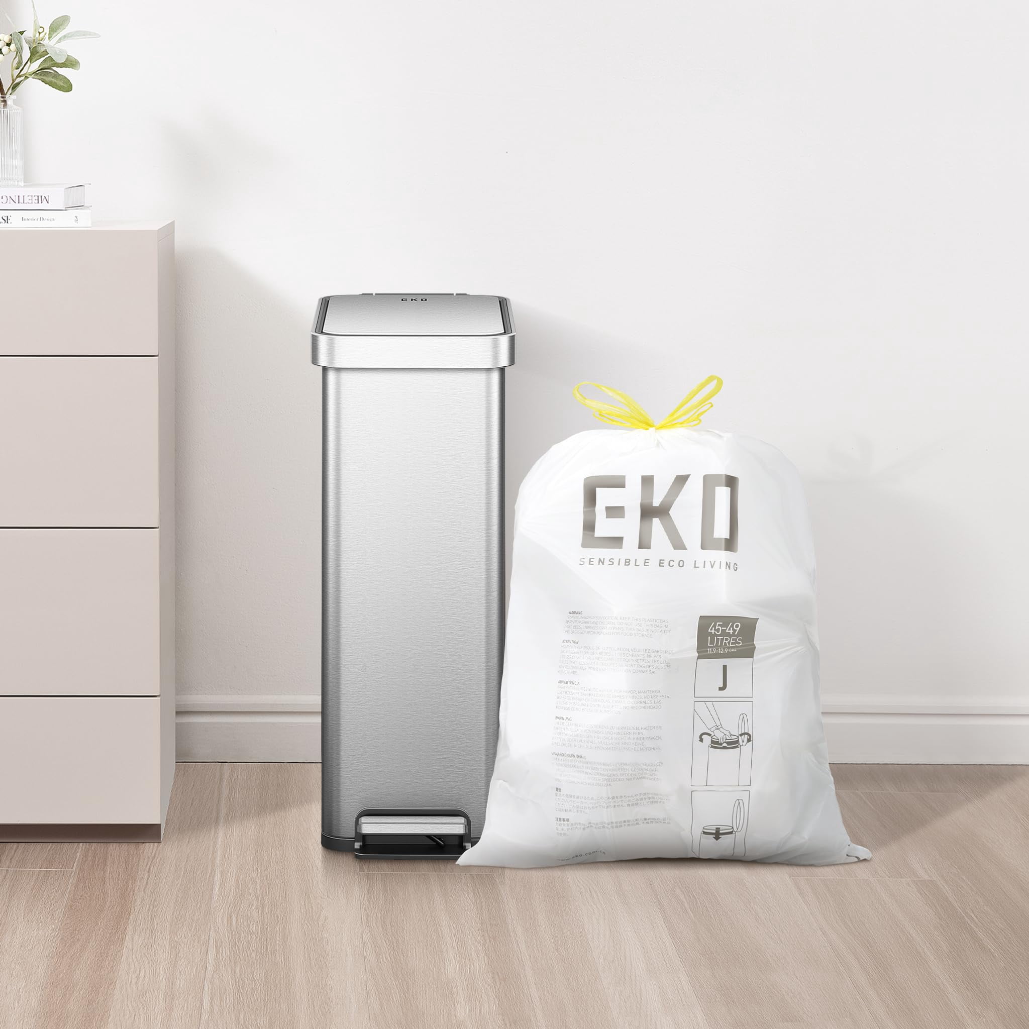 Eko 12.9 Gallon / 45-49 Liter  60 Count Drawstring Trash Bags Extra-strong Unscented Garbage Easy-dispense Roll For Kitchen & Household Use Resists Tears Leaks And Punctures Code J White