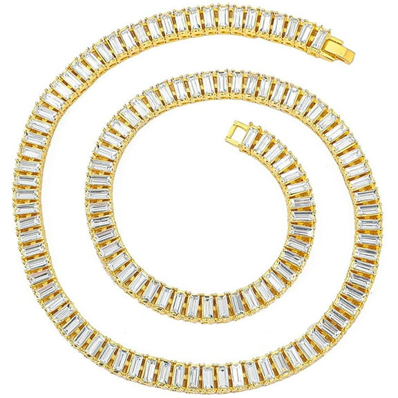 HH Bling Empire Iced Out Chains for Men,Gold or Silver Diamond Tennis Necklaces,Mens Hip Hop Baguette Tennis Chains 16-30 Inches (Baguette-Gold-20")