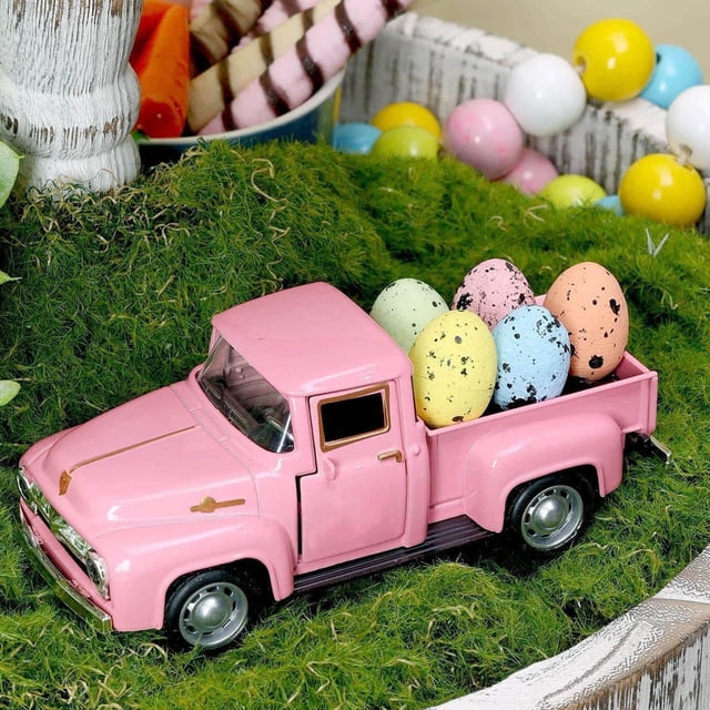 HCBY Fillable Metal Truck Easter Decor, Miniature Vehicle with 5 Detachable Eggs, Rustic Spring Centerpiece for Kitchen Shelf, Versatile Holiday Display for Living Room