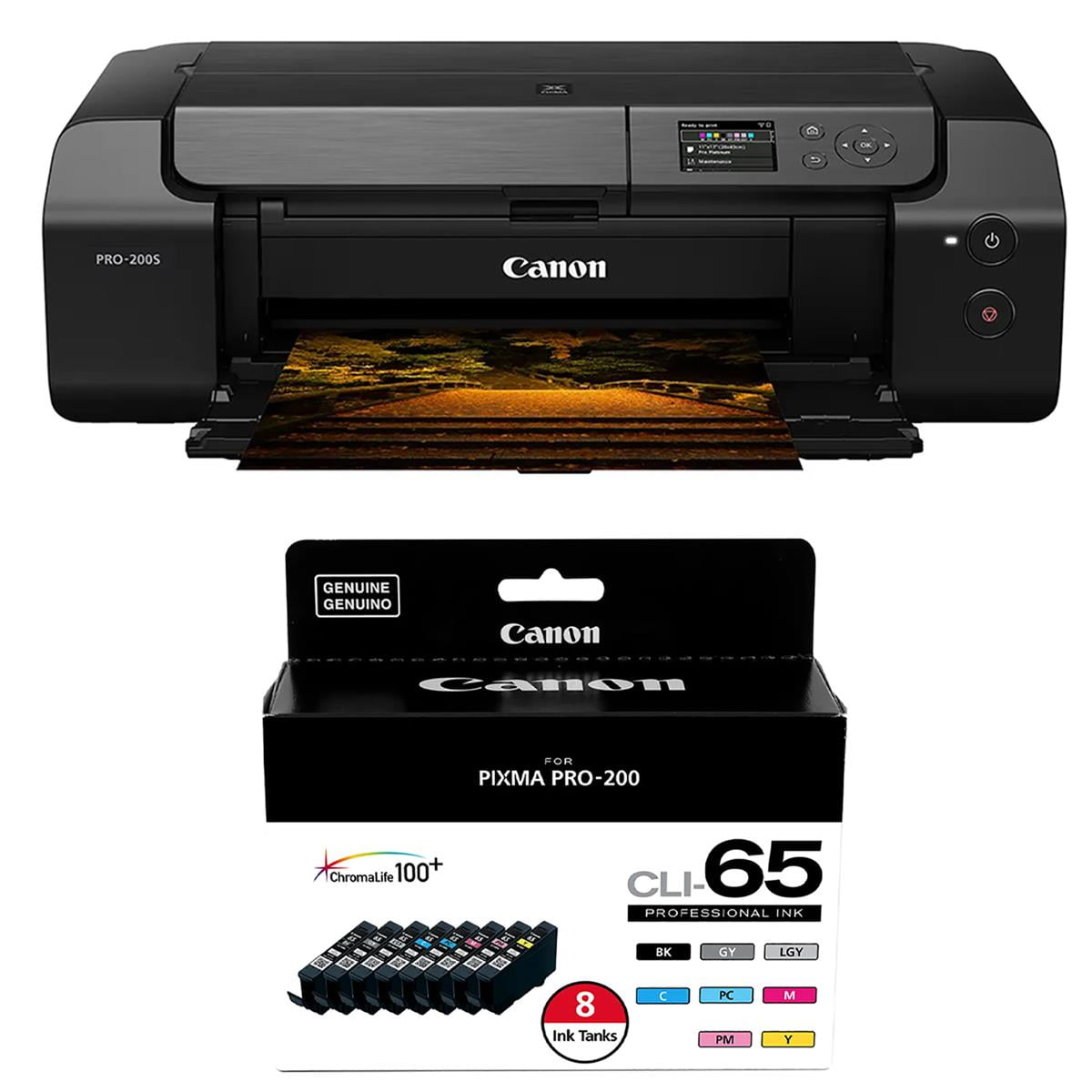 Canon PIXMA PRO-200S 13" Wireless Professional Inkjet Photo Printer with CLI-65 Eight Color Ink Tank Value Pack for PIXMA Pro-200 Printer
