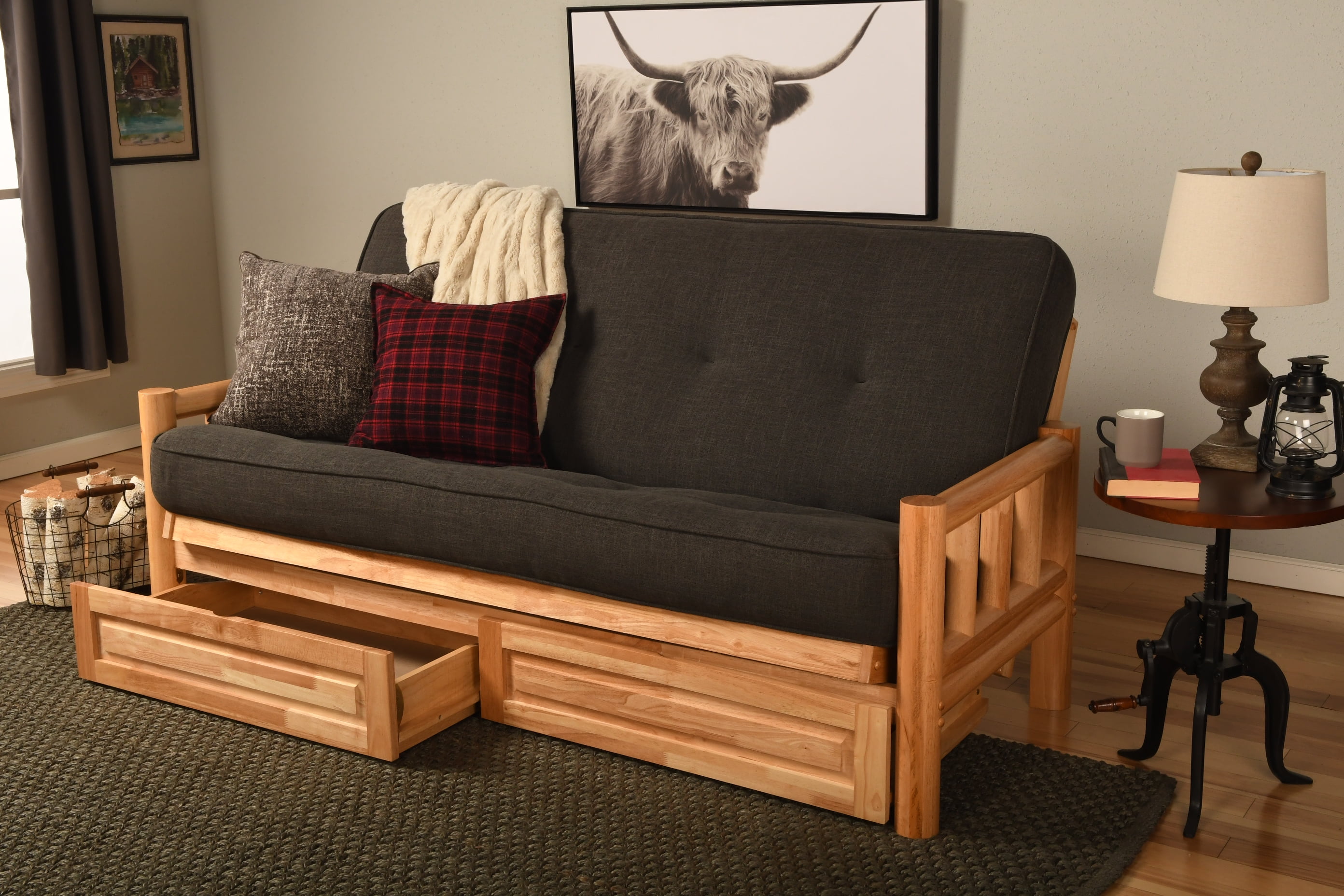 Pine Island Futon in Natural Finish with Linen Charcoal Mattress and