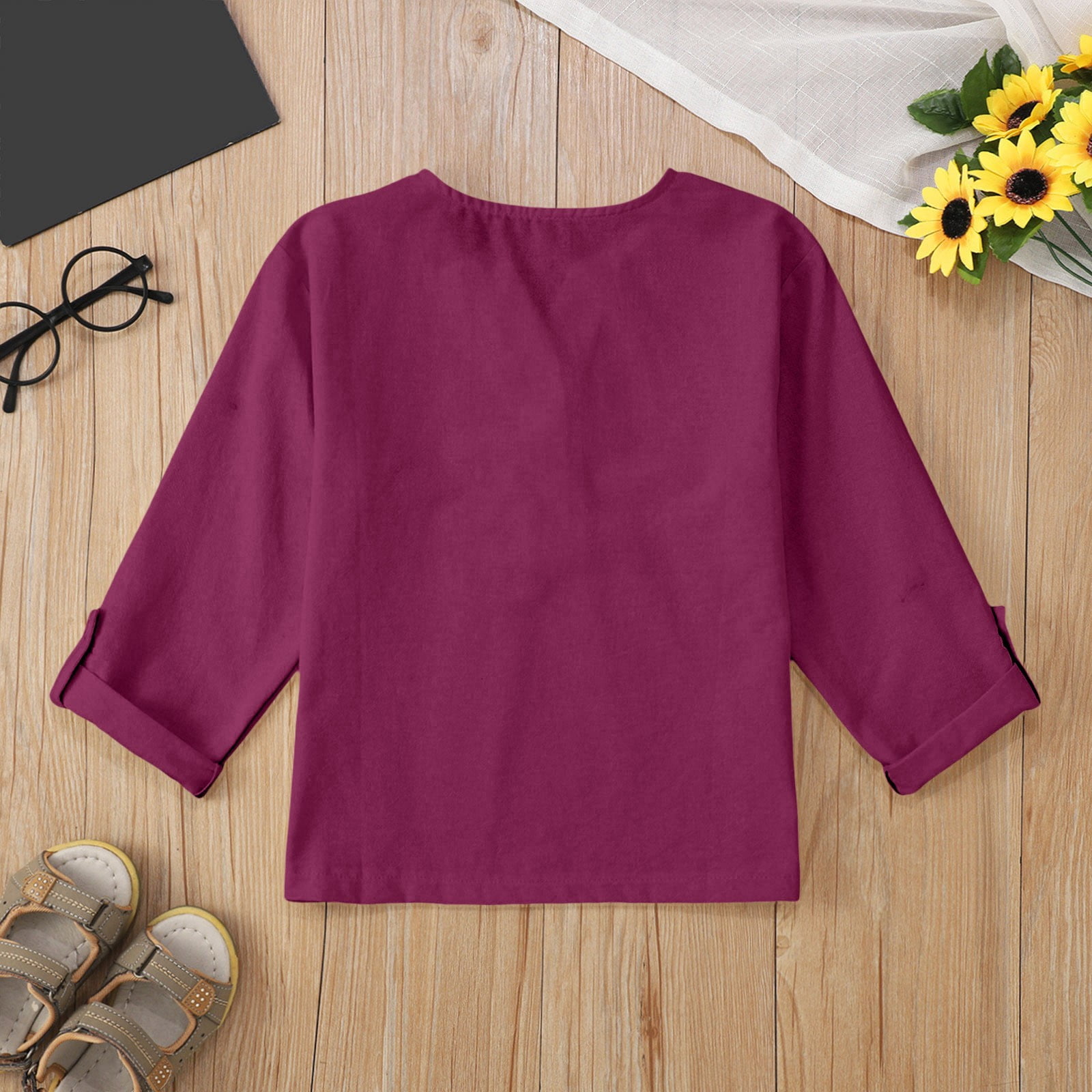 Chemise En Lin Pour Fille - Manches 3/4, Col V, Coupe Ample, Couleur Unie (3-10 Ans)