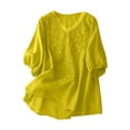 thumbnail image 2 of Embroidered Linen Shirts for Women Cotton Gauze Shirt Summer Boho Retro 3/4 Sleeve Dressy Casual Peasant Blouses Yellow L, 2 of 6