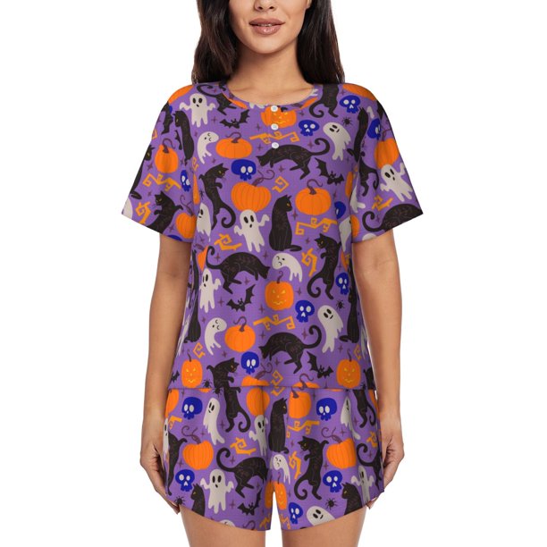 Fotbe Halloween Black Cats Conjunto de Pijama Estampado para Mujer, 2 Piezas, Ropa de Dormir con Camiseta de Manga Corta y Shorts Suaves-3X-Large