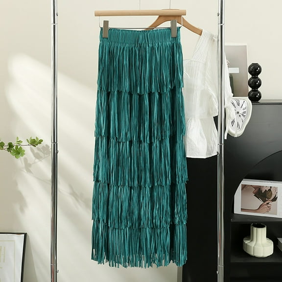 Maoxin Women's Skirts Woman Mid Length Tassels Solid Color Meringue Line Skirt ,Navy,Free Size