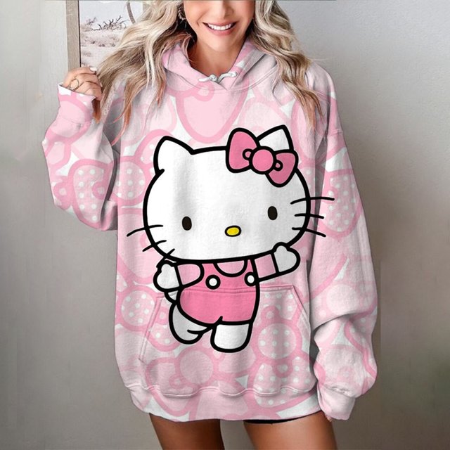 Sudadera con capucha de estilo hip hop para mujer, informal, con estampado de Hello Kitty, de gran tamaño, holgada, a la moda, para otoño