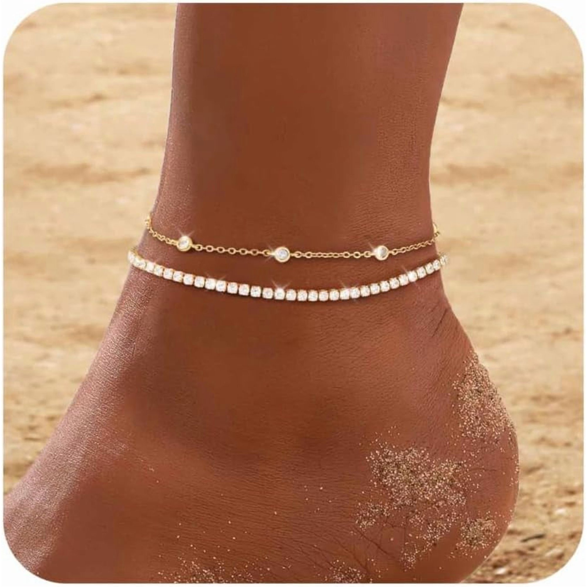 Gold Silver Anklets for Women CZ Ankle Bracelet 14K Gold Plated Waterproof Layered Stackable Tennis Dot Chain Anklet Trendy Summer Beach Foot Jewelry (D-CZ&Tennis Anklet-Gold)