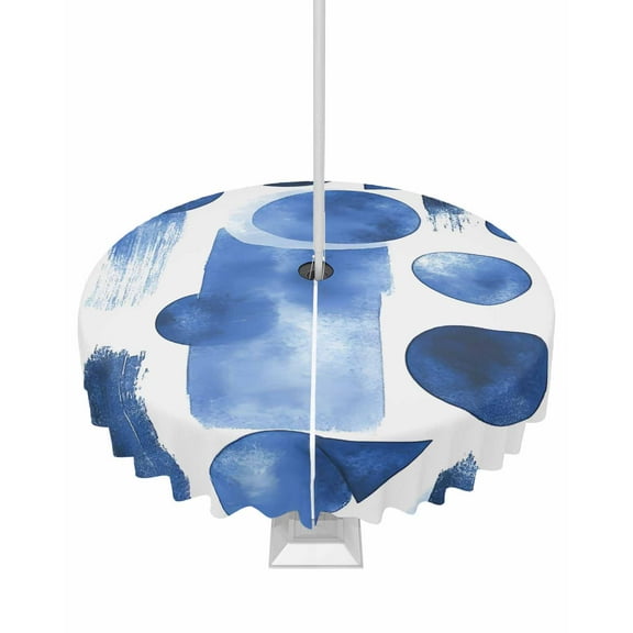 Fsddascl Blue Geometric Outdoor Tablecloth - 54 Inch Round Dining Table Cover, Minimalist Abstract Retro Artwork Waterproof Outdoor Table Cloth with Umbrella Hole & Zipper for Picnic/Patio/Party