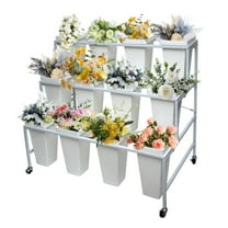Lanfys Flower Display Stand with Buckets, 3-Tier Metal Plant Stand, Portable Florist Shelf for Fresh Flower Displays, Ideal for Outdoor Pop-Up Events, White