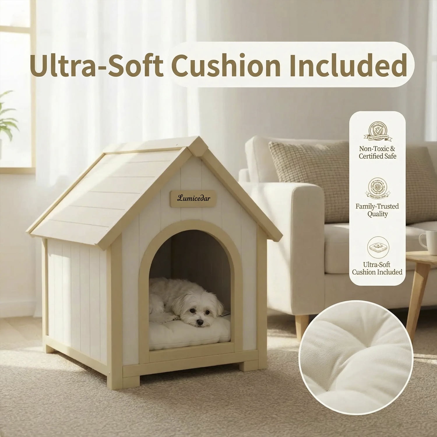 Modern Indoor Wooden Dog House with EVA Cushion – Solid Cedar Pet House for Small Dogs & Cats