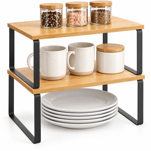 ICREOPRO 2-Pack Cabinet Organizer Shelves, Stackable and Expandable Kitchen Counter Spice Racks, Wood-Look and Black Metal