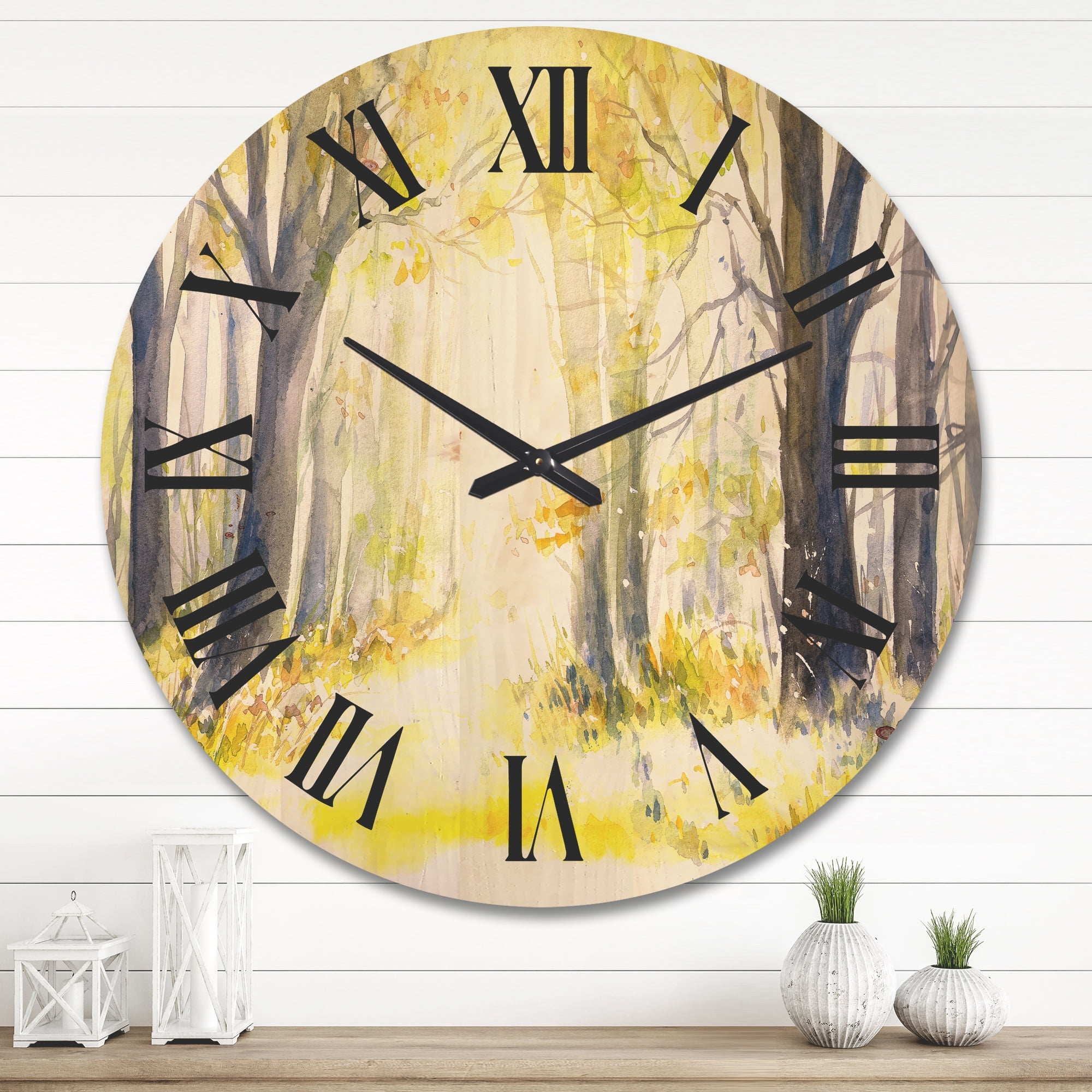 Designart 'Bright Sunshine Through The Yellow Forest Trees I' Traditional Wood Wall Clock