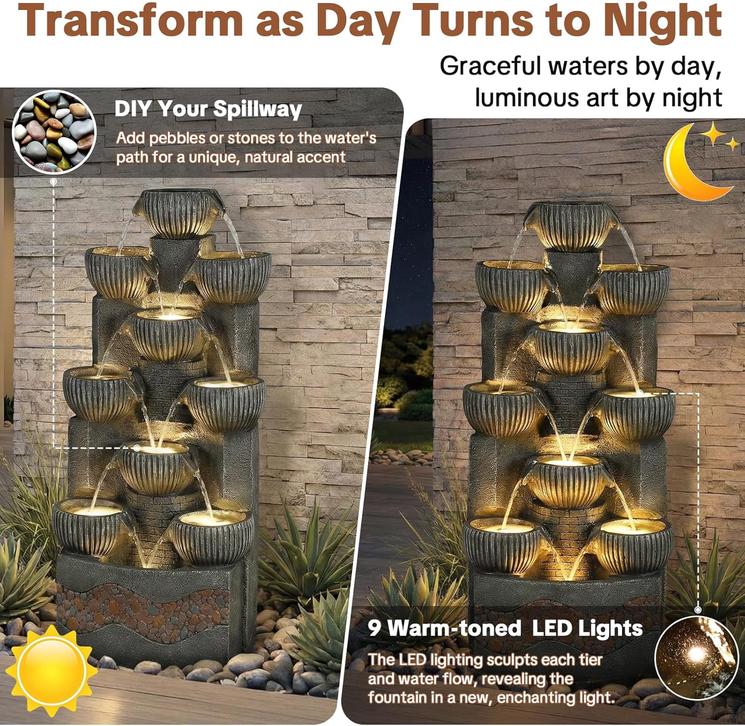 HOMEDIARY Modern 39.5" Tall Outdoor Water Fountain, Large 10-Tier Cascading Bowls Waterfall Fountain with LED Lights, Stone Texture Floor-Standing Resin Water Feature for Deck, Patio, Yard & Indoor