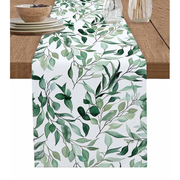 Ldtrchee Eucalyptus Table Runner 90 Inches, Ombre Green Leaves Fruit Plant Watercolor Bed Runner Dresser Scarves Tabletop for Indoor Outdoor Parties/Ceremony/Banquet, 13" x 90"