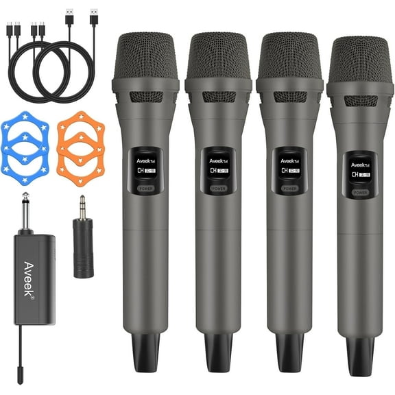 Aveek 4 pack Wireless Microphone, Plug & Play Karaoke Mic for Singing, Parties, Weddings, Events - Compatible with Speakers & Amplifiers