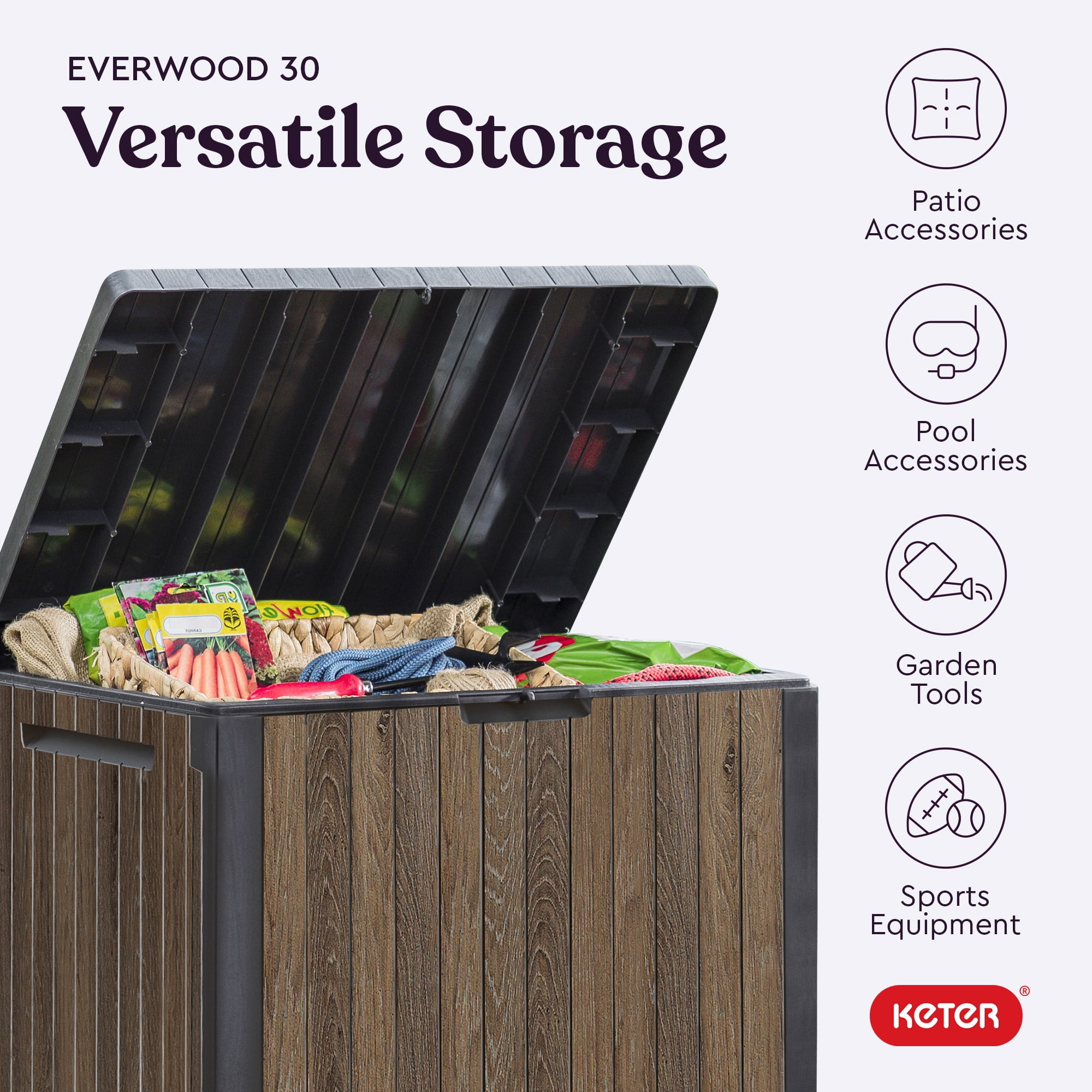Keter Signature Everwood 30 Gallon Resin Outdoor Storage Box and Patio Furniture Side Table for Pool and Garden Accessories, Walnut