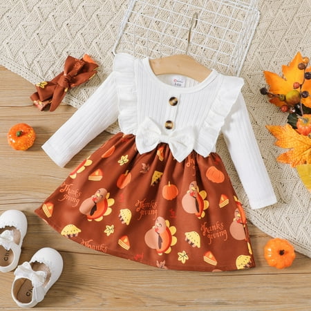 

Thanksgiving Infant Girls Cotton Rib Knit Ruffle Trim Long Sleeve Top Spliced Turkey Print Bow Front Skirt Knee Length Holiday Dress with Headband Set