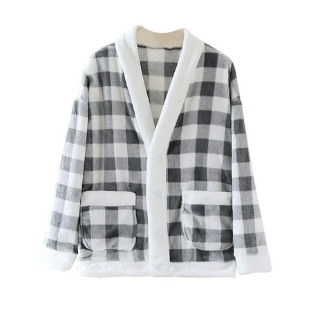 HAiming Women's Thick Home Pajamas Jackets Winter Fleece Long Sleeve V-Neck Button down Casual Warm Coat with Pocket