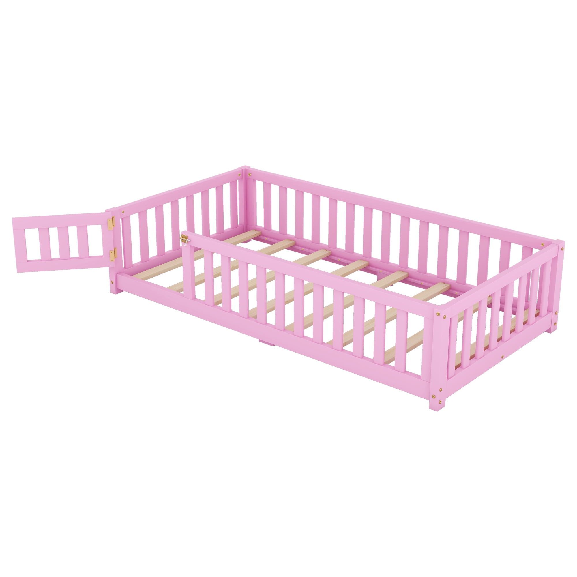 Bellemave Kids Twin Size LVL Rubber Wood Floor Bed, Pink