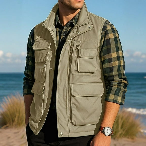 WMTBSRSW Mens Plus Size S-5XL Vest Coat Winter Warm Outdoor Vest Fleece Linedn Work Safari Cargo Photo Travel Fishing Vests for Men with Multi-pockets Khaki XXXXL