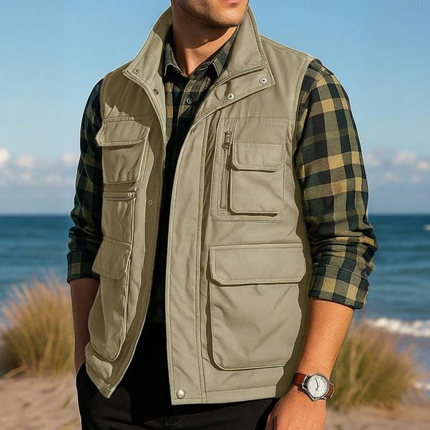 Ceisia Men's Solid Color Multi Pocket Outdoor Jacket Casual Breathable Mesh Lined Coat for Hiking Travel Daily Wear Gift