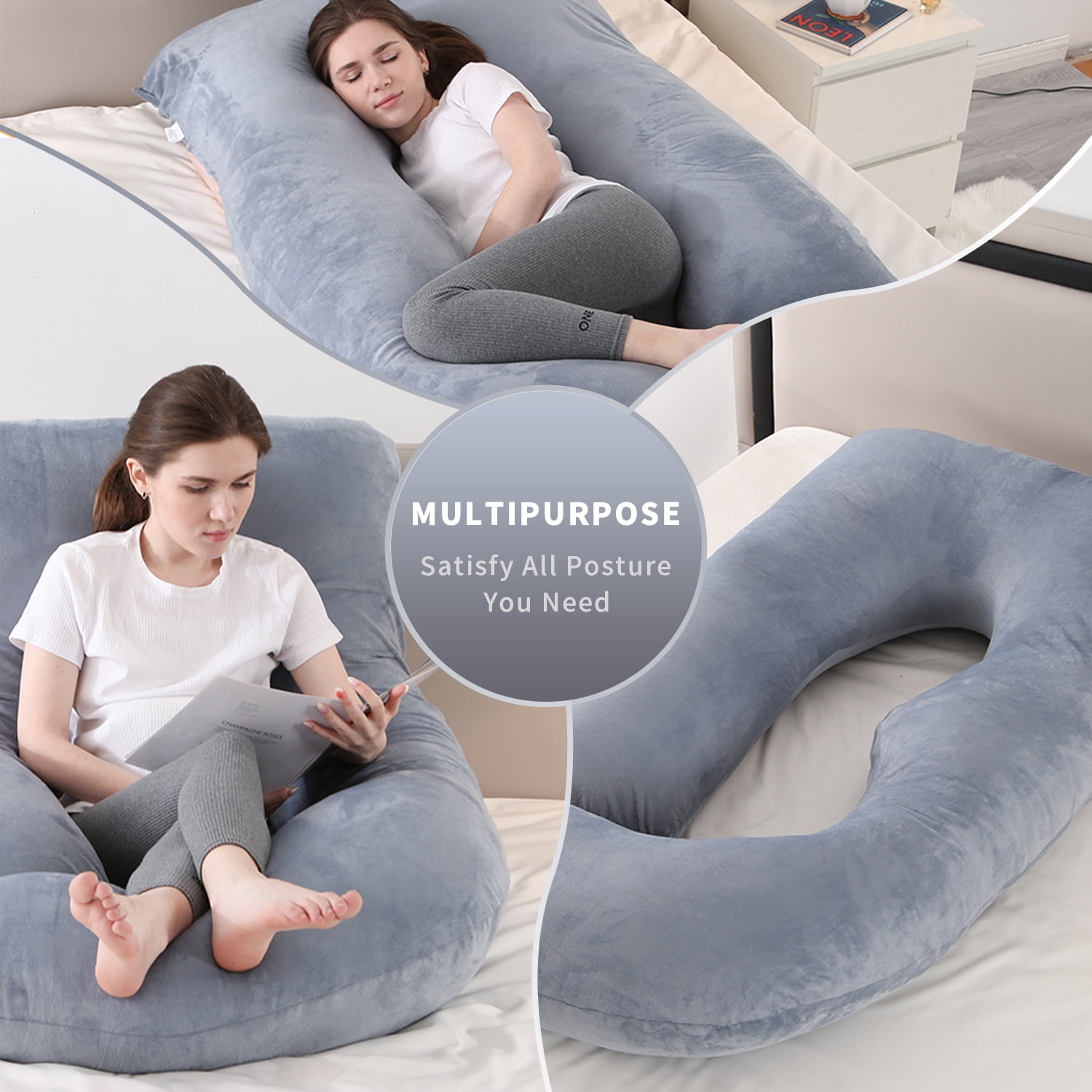 Babyomi J Shaped Maternity Pillow - Full Body Support for Pregnancy, Back & Hip Pain Relief, 3-in-1 Nursing Pillow, Machine Washable Cover, Grey