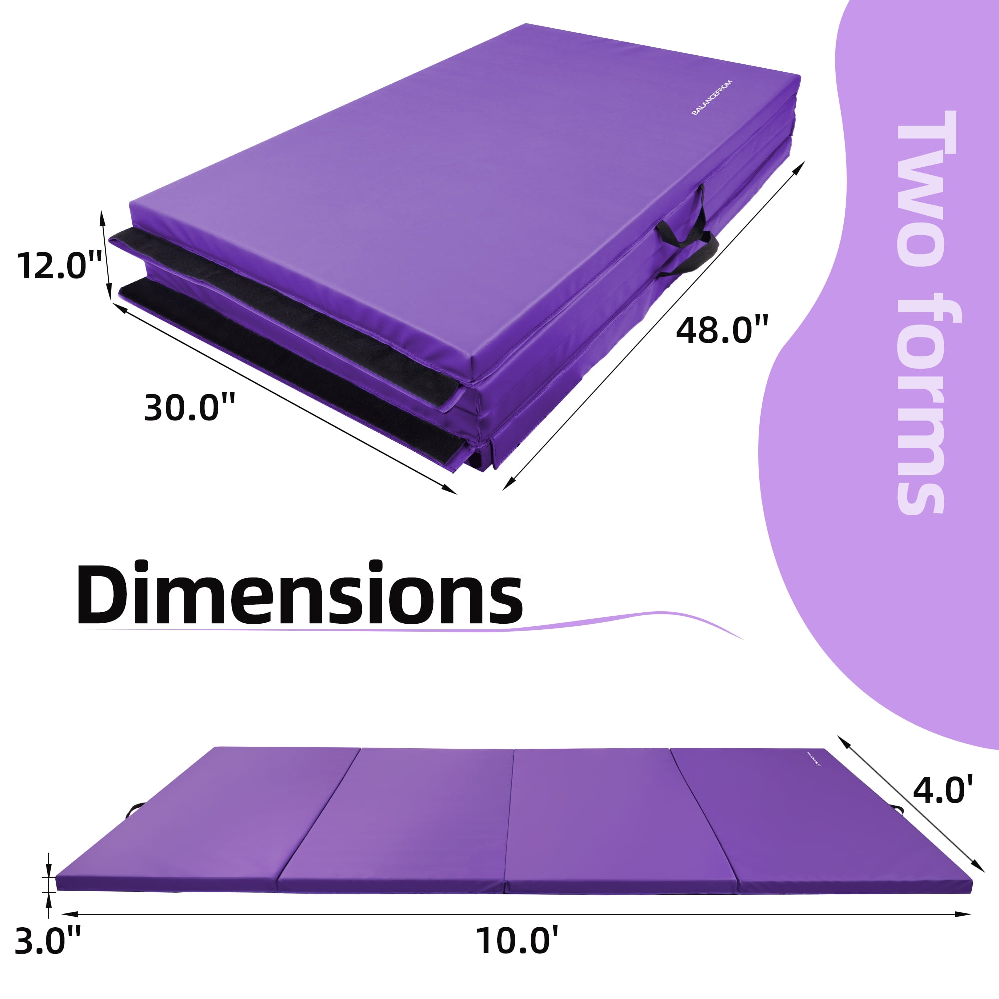 Signature Fitness 4ft x 10ft x 3in Folding Gymnastics Mat, 4-Panel Extra Thick Exercise Mat with Handles, PVC Leather + EPE Foam, Multiple Colors