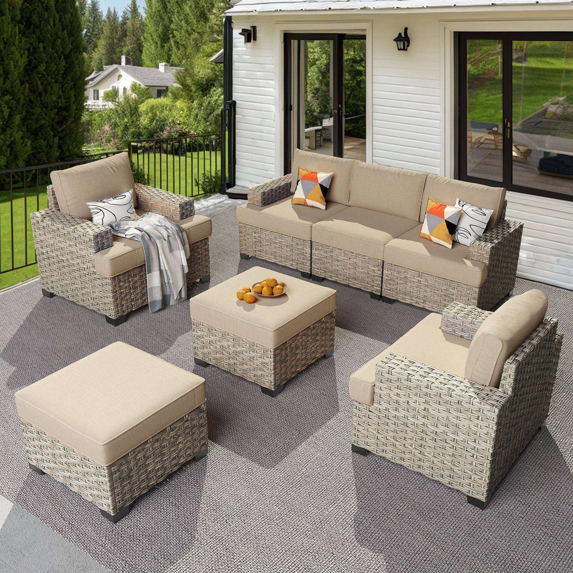 XIZZI Outdoor Patio Furniture Sets, 7 Pieces Outdoor Sectional wicker patio furniture with Cushion Ottoman, All-Weather Waterproof Outdoor Conversation set for Porch, Beige
