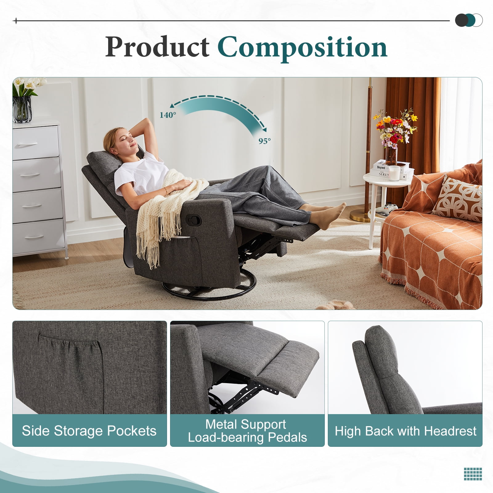 Gianna Adjustable Recliner Chair with Padded Seat, Modern Design for Living Room, Bedroom, Grey