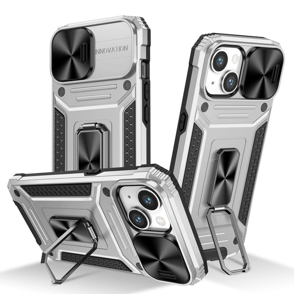 ELEHOLD for iPhone 15 Rugged Heavy Duty Case,with Slide Camera Lens Protector Rotating Ring Holder Kickstand Work with Magnetic Car Mount Holder Shockproof Case for iPhone 15,Silver