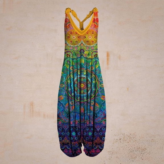 Women Boho Overalls Plus Size Summer Fashion Jumpsuit Loose Fit Rompers Floral Printed Baggy Bohemia Wide Harem Pants